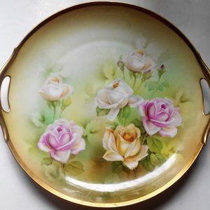 RS Germany 10 1/2" Cake Plate 2 Handled Hand Painted White, Pink & Yellow Roses
